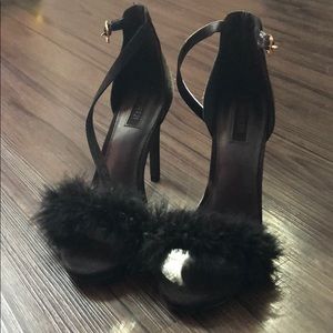 Faux Fur Feather Suede Black Heels